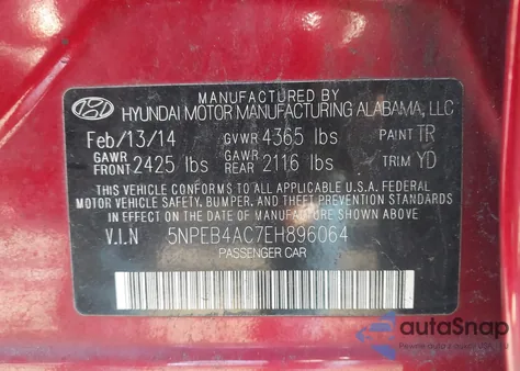 2014 Hyundai Sonata Gls z USA, uszkodzony, nr VIN 5NPEB4AC7EH896064